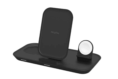 Mophie 3-in-1 Wireless Charging Stand, the best three-in-one charging dock for a non-magsafe iphone, apple watch, and airpods