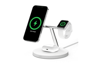Belkin Boost Charge Pro 3-in-1 Wireless Charger with MagSafe, the best three-in-one charging dock for a magsafe iphone, apple watch, and airpods