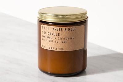 P.F. Candle Co. Amber & Moss Standard Soy Candle, arboreal, understated